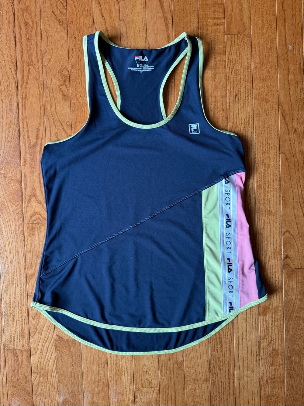 Vintage Y2K FILA Sport Racerback Workout Tank Navy Neon Lime Pink Logo Tape M